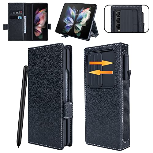 Woluki for Samsung Galaxy Z Fold 4 Case with S Pen Holder, Multifunction Genuine Leather Wallet, Slide Camera Cover, Kickstand, S Pen Slot, Protection Phone Case for Galaxy Z Fold4 5g (2022) - Black