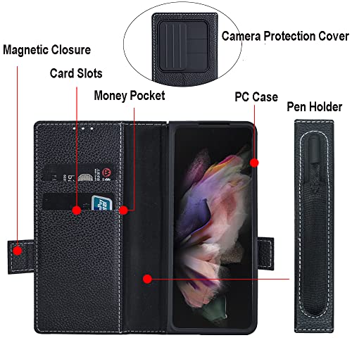 Woluki for Samsung Galaxy Z Fold 4 Case with S Pen Holder, Multifunction Genuine Leather Wallet, Slide Camera Cover, Kickstand, S Pen Slot, Protection Phone Case for Galaxy Z Fold4 5g (2022) - Black