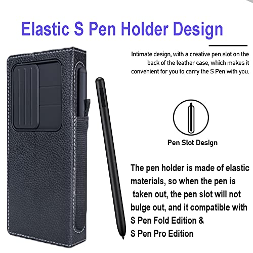 Woluki for Samsung Galaxy Z Fold 4 Case with S Pen Holder, Multifunction Genuine Leather Wallet, Slide Camera Cover, Kickstand, S Pen Slot, Protection Phone Case for Galaxy Z Fold4 5g (2022) - Black