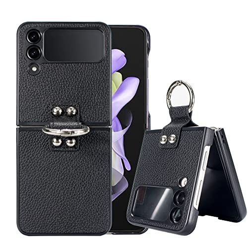 Vitodo for Galaxy Z Flip 4 Case with Ring Holder, Genuine Leather Material Built-in Back Screen Protector Shockproof Protective Phone Cover Slim fit for Samsung Galaxy Z Flip4 5g (2022) - Black