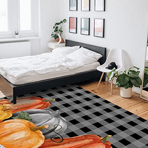 Fall Pumpkin Large Rectangular Area Rugs 3' x 5' Living Room, Thankgiving Rustic Black Grey Plaid Autumn Maple Leaf Durable Non Slip Rug Carpet Floor Mat for Bedroom Bedside Outdoor