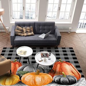 Fall Pumpkin Large Rectangular Area Rugs 3' x 5' Living Room, Thankgiving Rustic Black Grey Plaid Autumn Maple Leaf Durable Non Slip Rug Carpet Floor Mat for Bedroom Bedside Outdoor