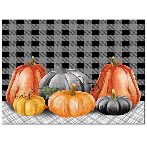 Fall Pumpkin Large Rectangular Area Rugs 3' x 5' Living Room, Thankgiving Rustic Black Grey Plaid Autumn Maple Leaf Durable Non Slip Rug Carpet Floor Mat for Bedroom Bedside Outdoor