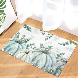 Indoor Doormat Entryway Rugs, Fall Thanksgiving Blue Pumpkin Green Eucalyptus Leaves Floor Mats Front Door Decor Absorbent Non Slip Area Rugs 16x24 Inch,Washable Rug Mats for Kitchen Bath Patio