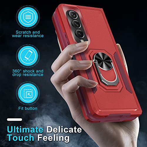 PULEN for Samsung Galaxy Z Fold 4 5G Case with Screen Protector+Camera Lens Protector (3 in 1),Magnetic Metal Ring Kickstand Cover [Military Grade] [Shockproof Protection] Heavy Duty Case -Red