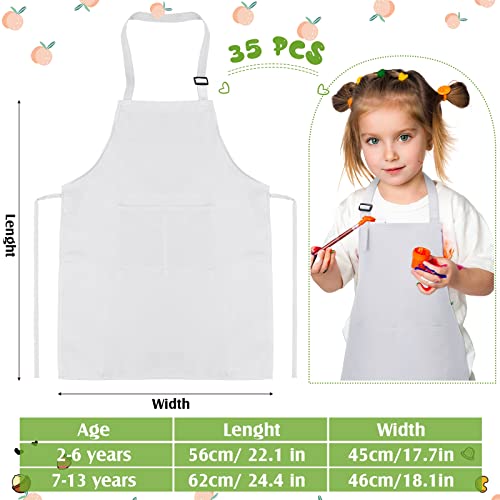 Handepo 35 Pcs Children Artists Aprons with Pockets Adjustable Chef Apron Kids Painting Aprons for Cooking Kitchen Grilling Painting (White, Age 7-13)