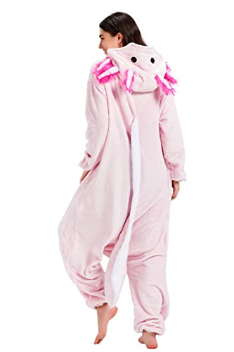 DELEY Unisex Adult Axolotl Onesie Pajamas, Flannel Animal One Piece Costume Sleepwear Halloween Cosplay Homewear