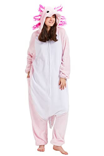 DELEY Unisex Adult Axolotl Onesie Pajamas, Flannel Animal One Piece Costume Sleepwear Halloween Cosplay Homewear