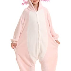 DELEY Unisex Adult Axolotl Onesie Pajamas, Flannel Animal One Piece Costume Sleepwear Halloween Cosplay Homewear