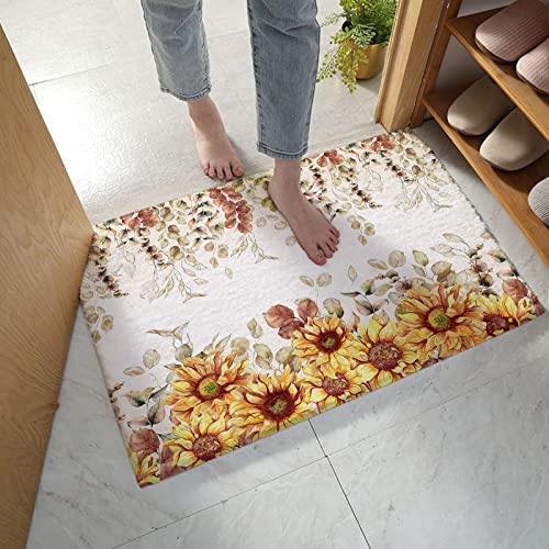 Yun Nist Fall Sunflower Bath Rug Soft Shag Rugs,Thanksgiving Eucalyptus Leaf Fuzzy Carpet Watercolor Leaves Seamless Doormat Furry Cozy Floor Mat for Bedroom Bathroom Kitchen Home Decor 16x24in