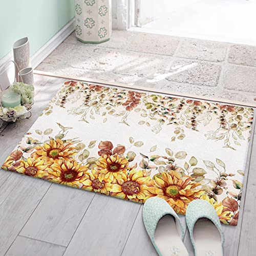 Yun Nist Fall Sunflower Bath Rug Soft Shag Rugs,Thanksgiving Eucalyptus Leaf Fuzzy Carpet Watercolor Leaves Seamless Doormat Furry Cozy Floor Mat for Bedroom Bathroom Kitchen Home Decor 16x24in