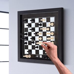bundaloo hanging magnetic chess set - wall or ceiling mount wooden magnetic board with black & white game pieces - chessboard playing art & decor for home and office - black wood frame, strong magnets