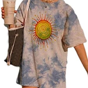 Remidoo Women's Casual Crewneck Short Sleeve Sun and Moon Print Tie Dye Oversized Graphic Top T-Shirt Blue Grey XX-Large