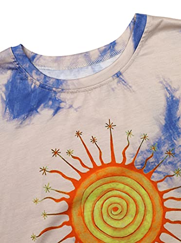 Remidoo Women's Casual Crewneck Short Sleeve Sun and Moon Print Tie Dye Oversized Graphic Top T-Shirt Blue Grey XX-Large