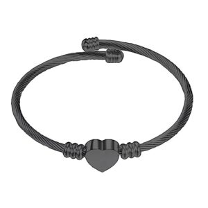 personalized stainless steel cable wire heart charm bangle bracelet punk adjustable wrist bracelet jewelry-black