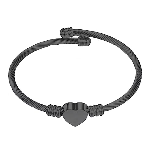 Personalized Stainless Steel Cable Wire Heart Charm Bangle Bracelet Punk Adjustable Wrist Bracelet Jewelry-Black