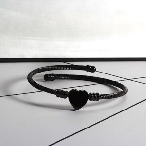Personalized Stainless Steel Cable Wire Heart Charm Bangle Bracelet Punk Adjustable Wrist Bracelet Jewelry-Black
