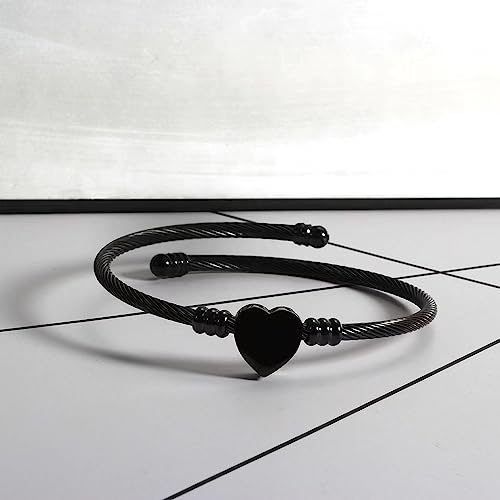 Personalized Stainless Steel Cable Wire Heart Charm Bangle Bracelet Punk Adjustable Wrist Bracelet Jewelry-Black