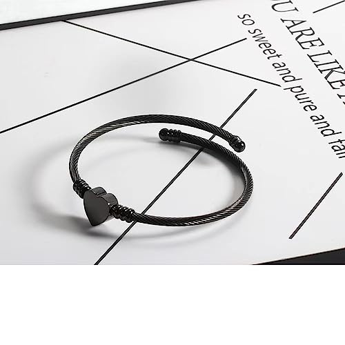 Personalized Stainless Steel Cable Wire Heart Charm Bangle Bracelet Punk Adjustable Wrist Bracelet Jewelry-Black