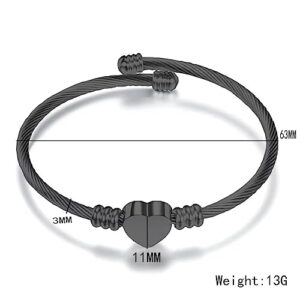 Personalized Stainless Steel Cable Wire Heart Charm Bangle Bracelet Punk Adjustable Wrist Bracelet Jewelry-Black