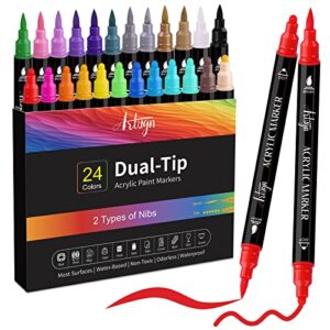 24 colors acrylic paint pens, dual tip pens with medium tip and brush tip, paint markers for rock painting, ceramic, wood, plastic, calligraphy, scrapbooking, brush lettering, card making, diy crafts