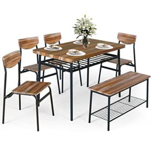 gravforce 6-piece home dining table set, kitchen table and chairs set for 6 w/storage racks, rectangular table, bench, 4 chairs for living room, dining room, small apt, dinette - brown