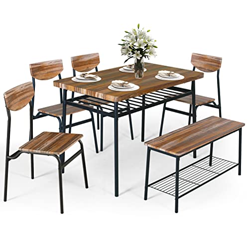 GRAVFORCE 6-Piece Home Dining Table Set, Kitchen Table and Chairs Set for 6 w/Storage Racks, Rectangular Table, Bench, 4 Chairs for Living Room, Dining Room, Small Apt, Dinette - Brown