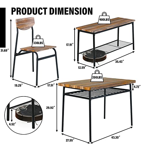 GRAVFORCE 6-Piece Home Dining Table Set, Kitchen Table and Chairs Set for 6 w/Storage Racks, Rectangular Table, Bench, 4 Chairs for Living Room, Dining Room, Small Apt, Dinette - Brown