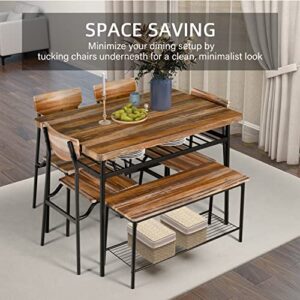 GRAVFORCE 6-Piece Home Dining Table Set, Kitchen Table and Chairs Set for 6 w/Storage Racks, Rectangular Table, Bench, 4 Chairs for Living Room, Dining Room, Small Apt, Dinette - Brown