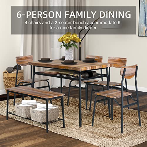 GRAVFORCE 6-Piece Home Dining Table Set, Kitchen Table and Chairs Set for 6 w/Storage Racks, Rectangular Table, Bench, 4 Chairs for Living Room, Dining Room, Small Apt, Dinette - Brown