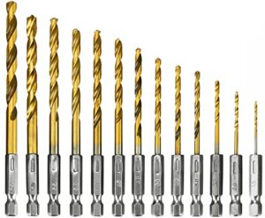 titanium twist drill bit set - 13 pcs hex shank high speed steel， premium 4341 hss titanium impact hex drill bits for wood, steel, metal, plastic, quick change design (1/16”-1/4”)