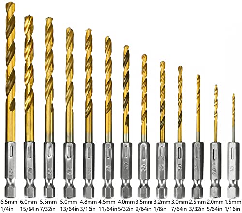 Titanium Twist Drill Bit Set - 13 Pcs Hex Shank High Speed Steel， Premium 4341 HSS Titanium Impact Hex Drill Bits for Wood, Steel, Metal, Plastic, Quick Change Design (1/16”-1/4”)