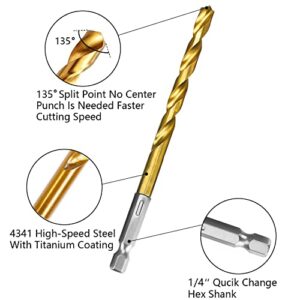 Titanium Twist Drill Bit Set - 13 Pcs Hex Shank High Speed Steel， Premium 4341 HSS Titanium Impact Hex Drill Bits for Wood, Steel, Metal, Plastic, Quick Change Design (1/16”-1/4”)