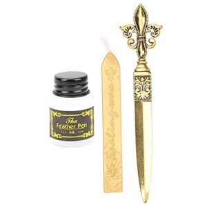 Zerodis Feather Calligraphy Pen Ink Set, Retro Feather Pen Vintage Feather Pen for Self Use,Executive Gift and Antique Desk Decor(SP248031R round head gray feather)