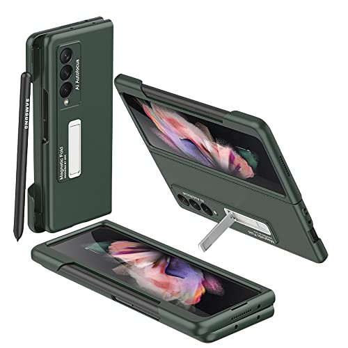 Hualele Case for Samsung Galaxy Z Fold 3 Full Body [with Built-in Pen Holder] Hard PC Ultra Slim Anti-Scratches Shockproof Protective Phone Case for Samsung Galaxy Z Fold 3-Green