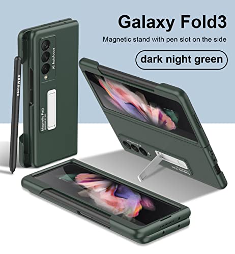 Hualele Case for Samsung Galaxy Z Fold 3 Full Body [with Built-in Pen Holder] Hard PC Ultra Slim Anti-Scratches Shockproof Protective Phone Case for Samsung Galaxy Z Fold 3-Green