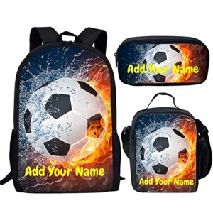 wellflyhom custom soccer backpack add your name/text school bag and lunch box for kids middle school bookbag personalized pencil case football design schoolbags 3 in 1 gifts for teen boys