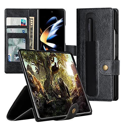 Suzii for Samsung Galaxy Z Fold 4 5G Wallet Case with S Pen Holder, Elegant PU Leather Flip Folio Case with Card Slot RFID Blocking Kickstand Phone Cover for Galaxy Z Fold 4 (2022) - Black