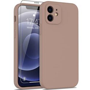 deenakin iphone 12 case with screen protector,enhance camera protection,soft flexible silicone gel rubber bumper cover,slim fit shockproof protective phone case for iphone 12 6.1" light brown