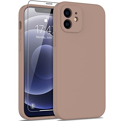 DEENAKIN iPhone 12 Case with Screen Protector,Enhance Camera Protection,Soft Flexible Silicone Gel Rubber Bumper Cover,Slim Fit Shockproof Protective Phone Case for iPhone 12 6.1" Light Brown