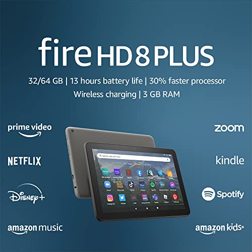 Amazon Fire HD 8 Plus tablet, 8” HD Display, 32 GB, 30% faster processor, 3GB RAM, wireless charging, (2022 release), Gray, without lockscreen ads
