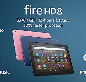 Amazon Fire HD 8 tablet, 8” HD Display, 32 GB, 30% faster processor, designed for portable entertainment, (2022 release), Black, without lockscreen ads