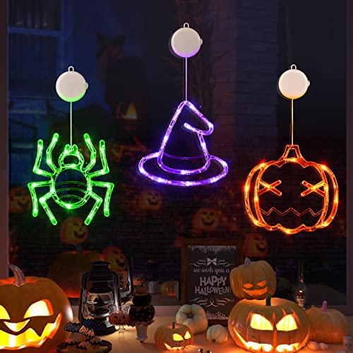 LOLStar Halloween Decorations 3 Pack Orange Pumpkin Green Spider Purple Witch Hat Halloween Window Lights with Suction Cup Battery Operated Halloween Lights, 2023 Upgrade Slow Fade Mode Timer Function