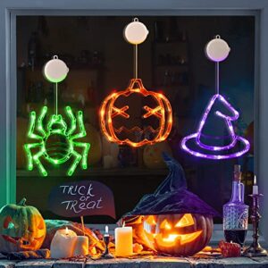 LOLStar Halloween Decorations 3 Pack Orange Pumpkin Green Spider Purple Witch Hat Halloween Window Lights with Suction Cup Battery Operated Halloween Lights, 2023 Upgrade Slow Fade Mode Timer Function