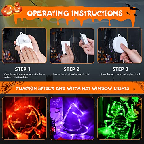 LOLStar Halloween Decorations 3 Pack Orange Pumpkin Green Spider Purple Witch Hat Halloween Window Lights with Suction Cup Battery Operated Halloween Lights, 2023 Upgrade Slow Fade Mode Timer Function