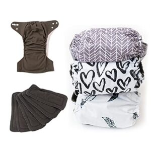 elle belle baby 3 stain resistant - charcoal bamboo lined all in one diapers & 6 charcoal bamboo inserts (black & white)