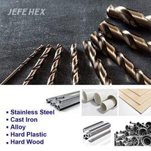 JEFE HEX 29 PCS M35 Cobalt Drill Bit Set, HSS Twist Jobber Drill Bits with 135 Degrees Split Point and Three-Flat Shank, 3/8” Reduced Shank, Gold Oxide Metal Drill Bits Set (1/16” - 1/2” x 1/64”)