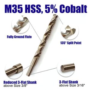 JEFE HEX 29 PCS M35 Cobalt Drill Bit Set, HSS Twist Jobber Drill Bits with 135 Degrees Split Point and Three-Flat Shank, 3/8” Reduced Shank, Gold Oxide Metal Drill Bits Set (1/16” - 1/2” x 1/64”)