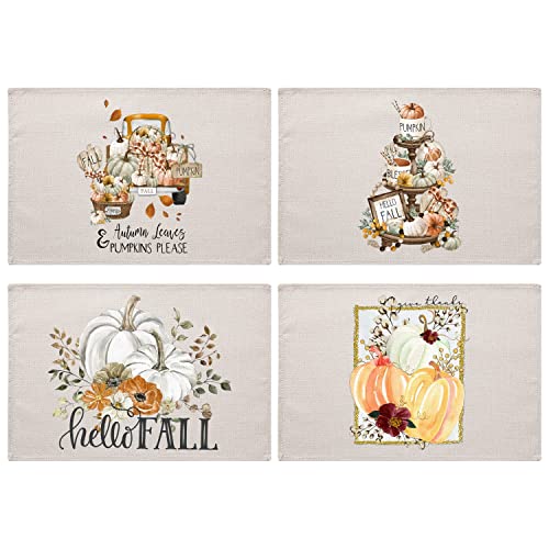 Pumpkin Hello Fall Placemats Set of 4 18x12 Inch, Autumn Dinner Mats Thanksgiving Kitchen Dining Table Decoration