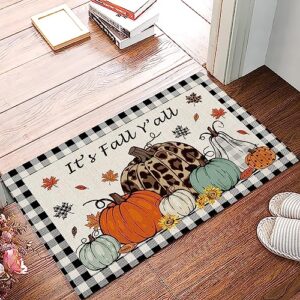 thanksgiving pumpkin indoor doormat entryway rugs, it's fall yall autumn maple leaves black white plaid floor mats front door decor,absorbent area rugs 16x24 inch non slip rug mats for kitchen bath